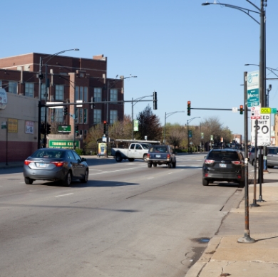 Cars approaching stoplight